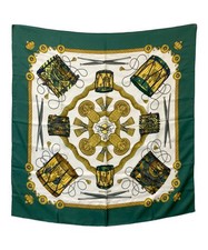 HERMES Carré 90 LES TAMBOURS Green Silk Scarf picture