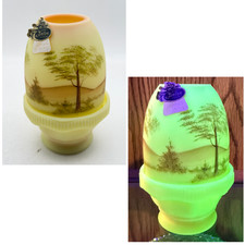VINTAGE Fenton BURMESE Uranium Tree & Landscape Fairy Lamp Signed Gloria Finn picture