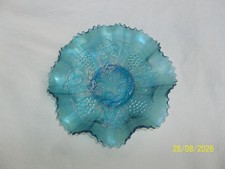 Rare Northwood Sapphire Stippled Grape and Cable Ruffled Carnival Glass Bowl picture
