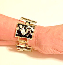Vintage MCM Confetti Lucite Panel Bracelet Chunky Atomic Silver Black 7 1/8