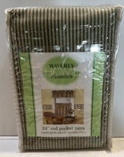 2 Waverly Fernwood Geen & Beige Striped Cotton Unlined Curtain Panels 28”x24” picture