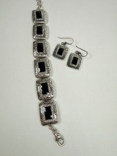 Brighton RHYTHMS Black Enamel Chunky Silver Plated Crystal Bracelet & Earrings picture