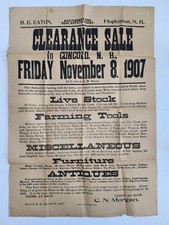 1907 antique CN MORGAN concord nh FARM AUCTION BROADSIDE Penacook Lake Emerson picture