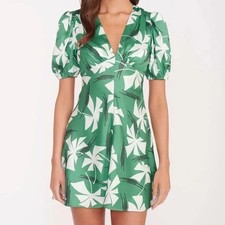 STAUD Dress Womens Size 8 Green Floral Puff Sleeve Mini MILLA picture
