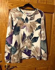 Chico's Women's White Floral Crew Neck Long Sleeve Pullover Top Size L/2 picture
