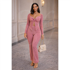 ASA Women’s Pink Ribbed 2 Piece Set Size Small Long Sleeve Twist Front Top Pants picture