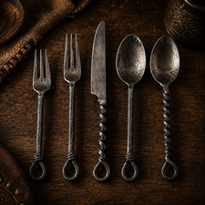 Hand Forged Medieval Flatware Set Rustic Viking Cutlery Iron Spoon Fork Knife picture