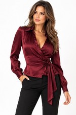 The Limited Y2K 2005 100% Silk Wrap Blouse Women L Burgundy Tie Waist picture