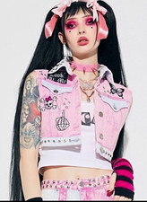 Dolls Kill Women’s M Pink/White Denim Studded Graphic Print Collared Vest picture