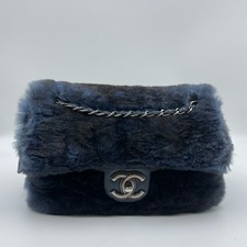 Chanel Classic Flap Medium Blue Fur Silver HW Shoulder Bag Preowned Authentic picture
