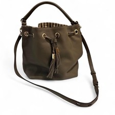 Henri Bendel Olive Green Pebbled Leather Tassel Bucket Bag Crossbody Handbag picture