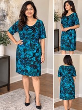 Connected Apparel Sheath Dress 22W Plus Blue/Black Floral Cowl Neck Ruched picture
