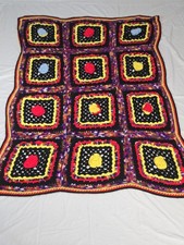 Handmade Crocheted Granny Square Throw Blanket Afghan Black Multicolor 63