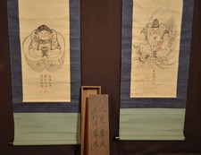 Antique 1864 Late Edo Era Japanese Good Luck Scrolls Pair - Daikokuten & Ebisu picture