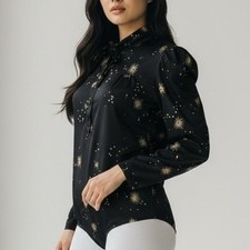 VTG 70s Le Bourget Bodysuit EU44 US Large Black Gold France Disco Celestial picture