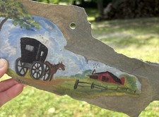 Slate  Hand Painted Farm Scene  Buggy Barn Vintage Signed Colorful Delicate picture