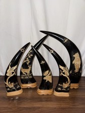 Vintage Hand Carved Buffalo Horn Lot Of 5 - Moose, Eagles, Deer, & Bear picture