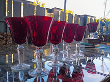 Vintage Ruby Red Wine Goblets – 9– Clear Stem, Mid-Century Style picture