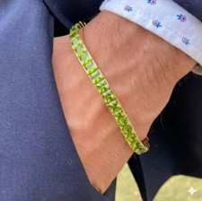 12 Ctw Princess Lab Created Peridot Men's Tennis Bracelet 14K Yellow Gold Plated picture