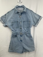 Zara Womens Romper M Blue Denim Jean Light Wash Short Sleeve Pockets picture