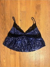 Free People Right Rhythm Sequin Cami Blue Black Lace Trim V Neck Party Size S picture