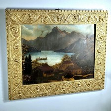 Antique Alpine Lake Oil Painting on F.W. Devoe Board, Victorian Gilt Frame picture