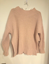 Aerie Women’s Size S Beige Chunky-Knit Cowl Neck Oversized Pullover Slits picture