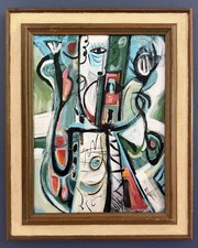 Mid Century Modern Style Abstract Surrealism Painting In Vintage Frame - Ehle picture