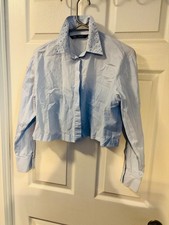 ZARA Women’s Light Blue Cropped Shirt Studded Collar Size S picture