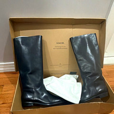 Vince Margaret Women's Black Leather Knee High Riding Boots Zip Almond Toe US 8 picture