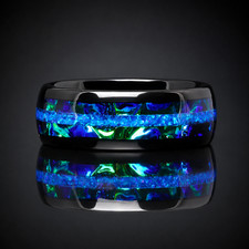 Blue Fire Opal Black Tungsten Ring Men’s Wedding Band Nebula Inlay 8mm picture