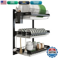 junyuan D-2303 Wall Mount Dish Drying Rack 3-Tier Black Stainless Steel picture