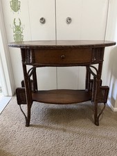 Antique Haywood Wakefield Oval Oak and Wicker  Library Table/Desk with Drawer picture