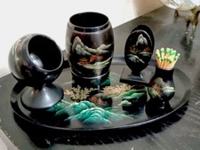 Vintage 1980s Fuzhou Black Lacquer Smoking Tray Handpainted Landscape picture