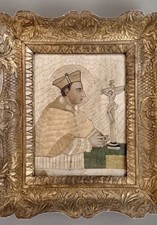 18th C Ecclesiastical Straw Embroidery Sampler St.  Borromeo & Crucifix RARE picture