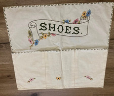 Vintage Hand Embroidered Linen Shoe Bag Organizer Multi Pocket Floral 1940's picture