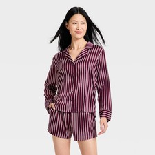 Auden Women's Luxury Satin Notch Collar Long Sleeve Shirt and Shorts Open Box picture