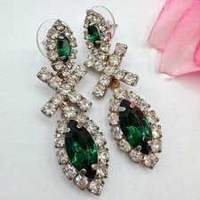 Vintage Green Navette Rhinestone Earrings Old Hollywood Regency Glam Holiday picture