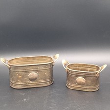Vintage 1970s Brass Seashell Planters Set of 2 Oval Containers Handles MCM picture