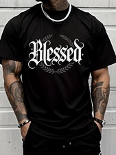 Men'S Fashionable Casual T-Shirt with Blessed Letter And Wreath Design picture