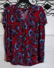 Jones New York Women's Knit Top Size L Short Sleeve Multicolored Paisley V Neck picture