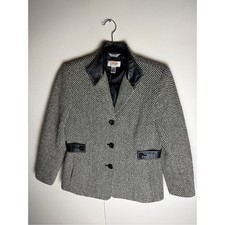 Talbots Petites Wool Houndstooth Blazer Leather Trim Size 4 Italian Fabric picture