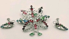 Vintage Stunning Rhodium Plated Multicolor Crystal Peacock Brooch/Earring Set picture