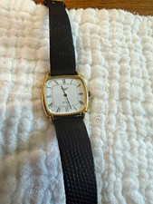 Longines Quartz Vintage Cushion Gold Case White Roman Dial Black Leather Strap picture