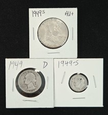 1949-S Franklin Half Dollar 1949-D Quarter 1949-S Dime 90% Silver 3 US Coin Lot picture
