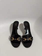 Vtg Gucci by Tom Ford Black Glossy Leather Horsebit Sandal Heels 36 picture