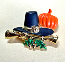 Vintage AGC Thanksgiving Pilgrim Hat, Pumpkin, Musket Enamel Brooch picture