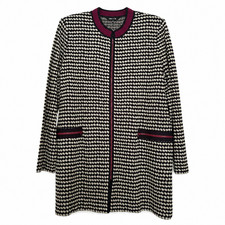 Misook Womens L Black Ivory Burgundy Knit Zip Front Long Cardigan Jacket picture