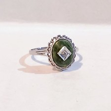Vintage PSCO Art Deco 10K White Gold Ring-Oval Nephrite Jade Cabochon-Size 5- picture