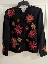 Vintage TImberLea Women's M Black Floral Embroidered Cardigan Sweater picture